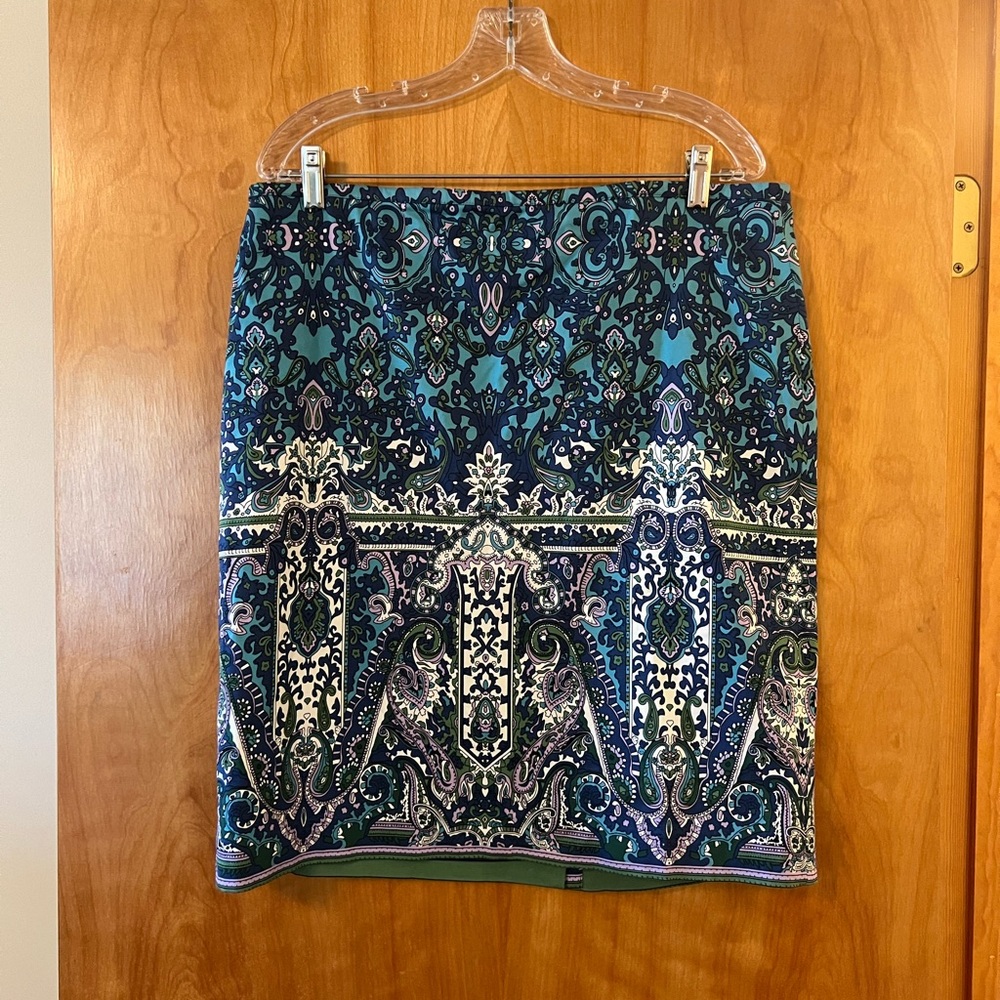Talbots Paisley Pencil Skirt Blue Green Lined Back Zipper NWT Petite 14 14P